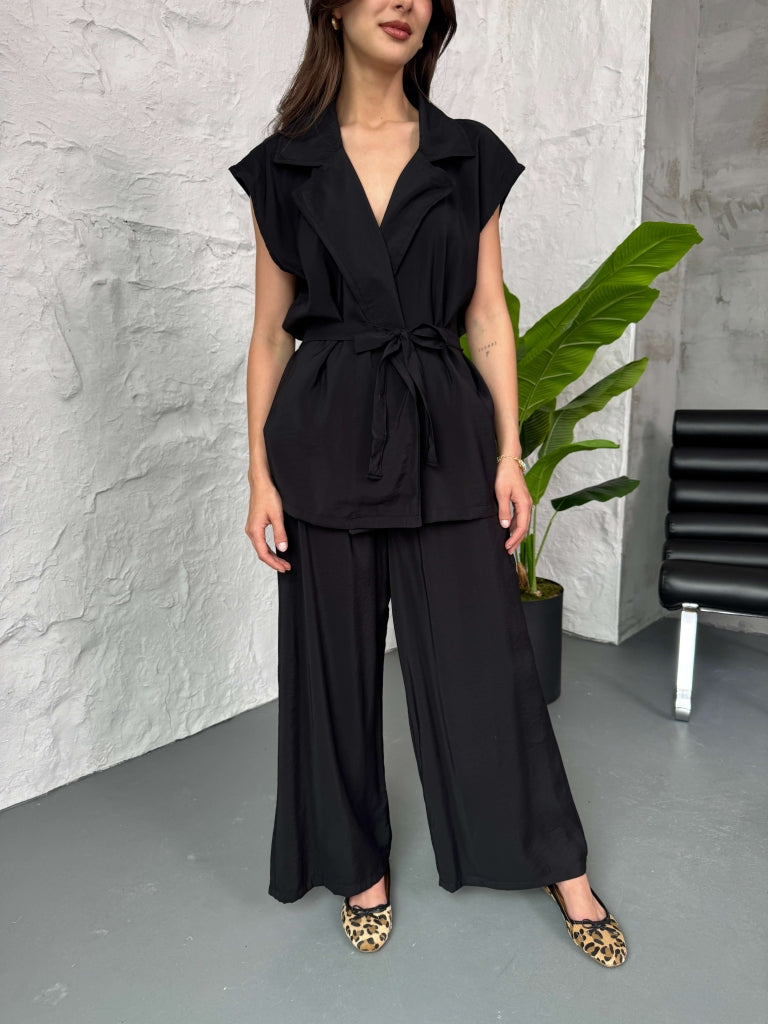 Siyah Tencel Yelek Pantolon Takım 4003-Siyah