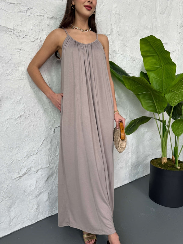 Premium Vizon Yaka Büzgülü Salaş Modal Elbise EY3224-Vizon