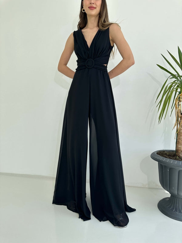 Siyah Kemer Detaylı Abiye Tulum 1300-Siyah