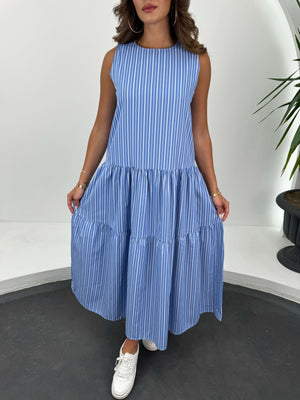 Mavi Çizgili Kat Kat Elbise 1420-MAVİ