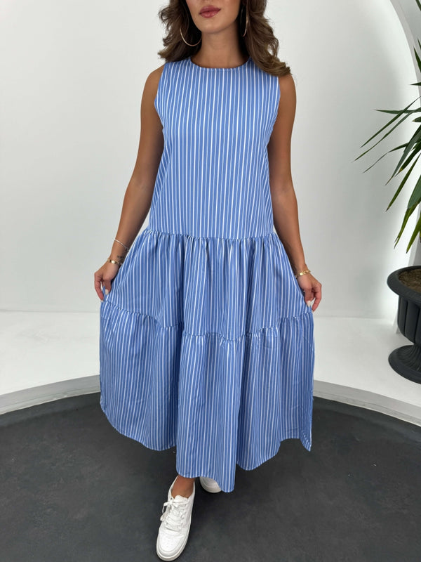 Mavi Çizgili Kat Kat Elbise 1420-MAVİ