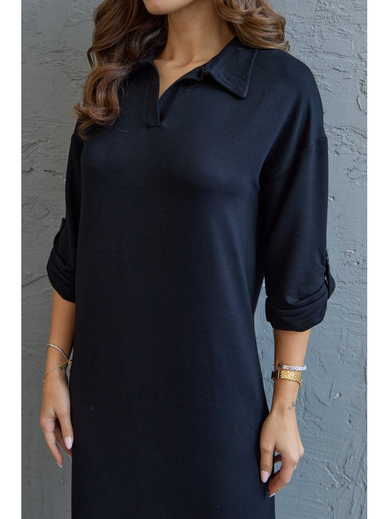 Siyah Kol Detaylı Polo Yaka Modal Elbise 0562-Siyah