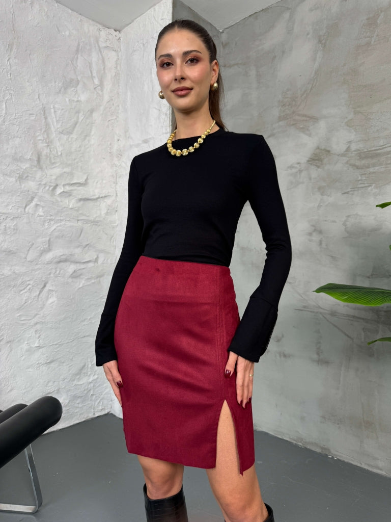 Bordo Yırtmaçlı Süet Etek 29273-Bordo