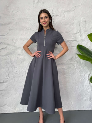 Füme Fermuar Detaylı Maxi Boy Elbise 580264-Füme