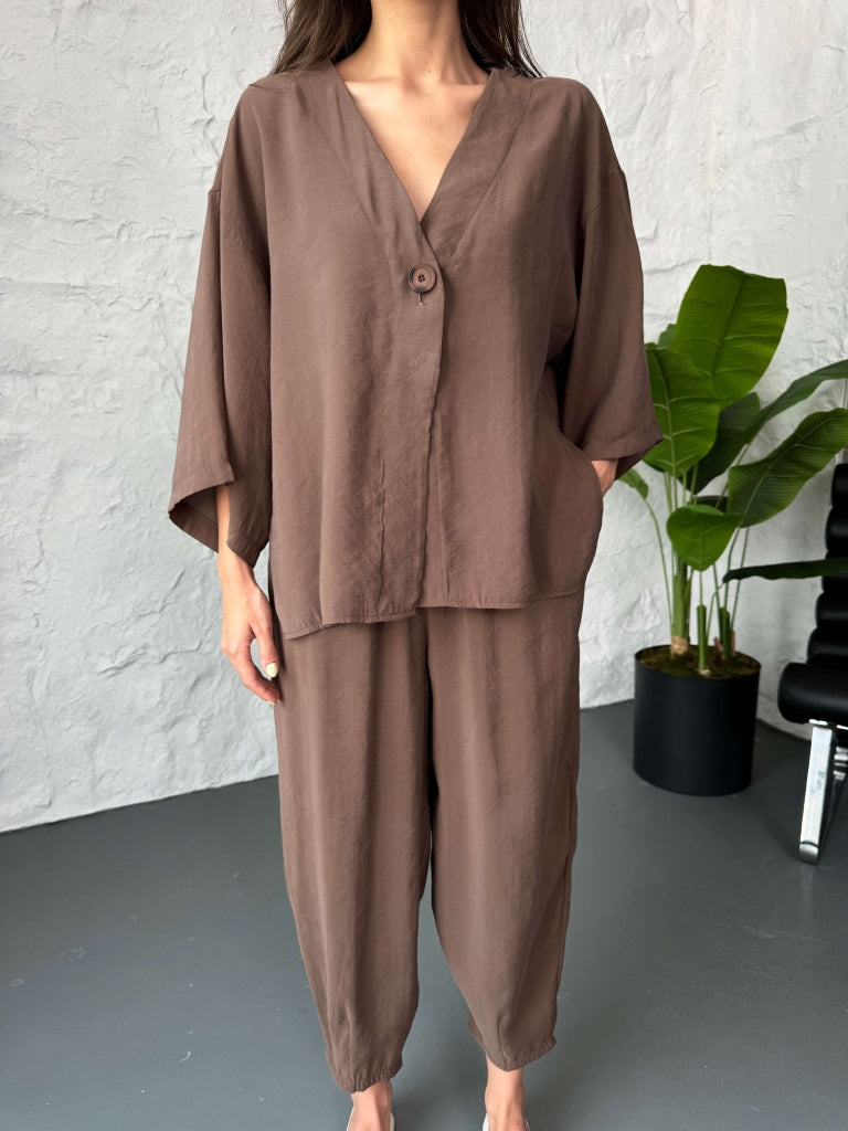 Kahve Tek Düğmeli Bluz Pantolon Takım 51189-Kahve