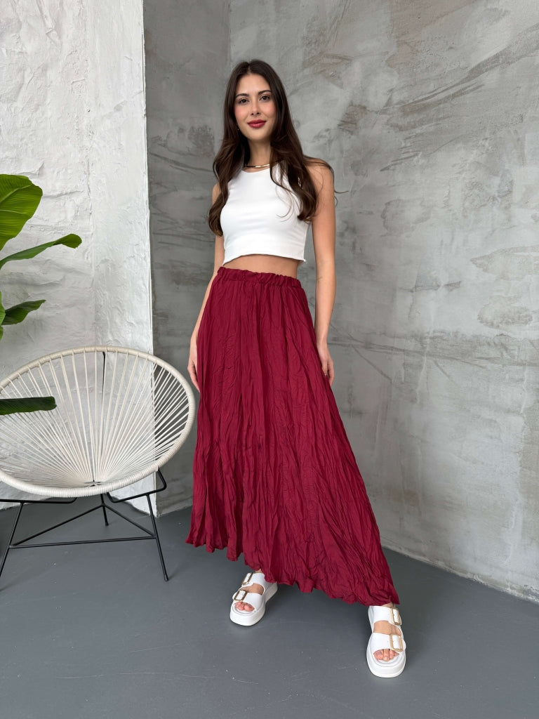 Bordo Asimetrik Kırışık Etek 580256-Bordo