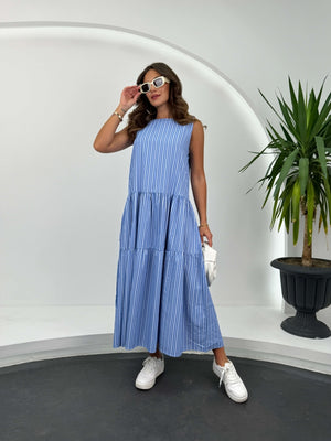 Mavi Çizgili Kat Kat Elbise 1420-MAVİ