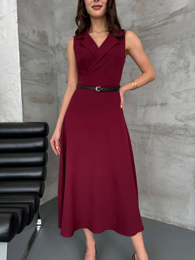 Bordo Kruvaze Kemerli Çan Elbise 35409-Bordo