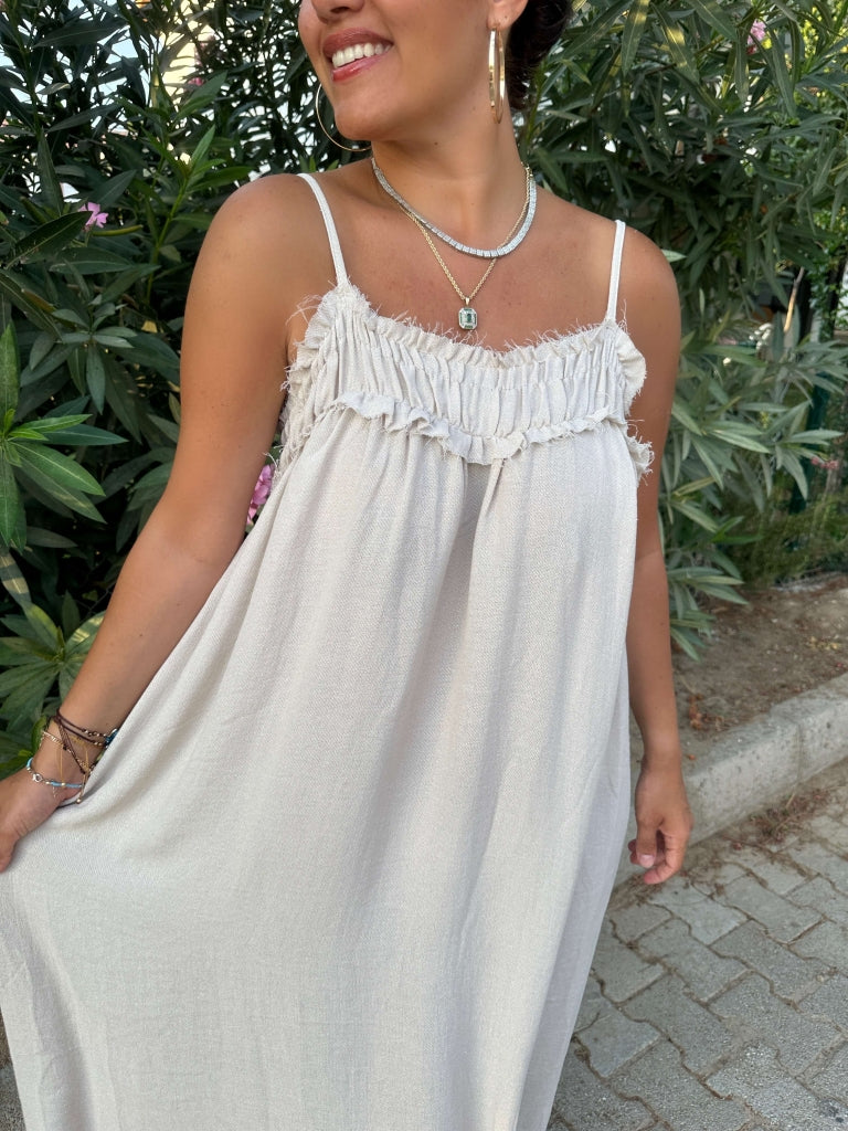 Taş İp Askılı Keten Elbise 3317-Taş