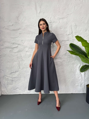 Füme Fermuar Detaylı Maxi Boy Elbise 580264-Füme