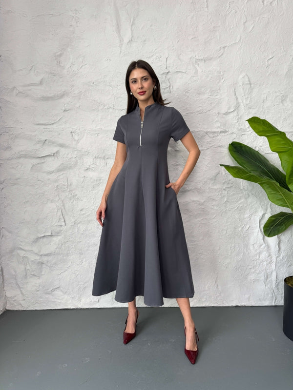 Füme Fermuar Detaylı Maxi Boy Elbise 580264-Füme