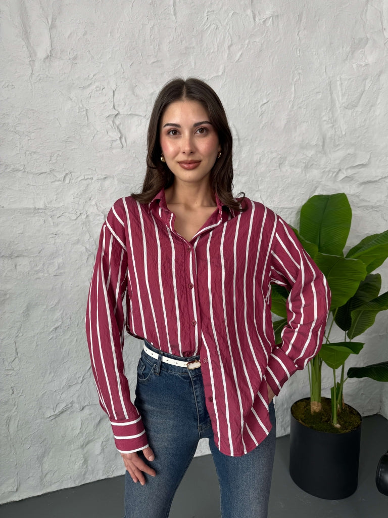 Bordo Beyaz Çizgili Gömlek 3005-Bordo Beyaz