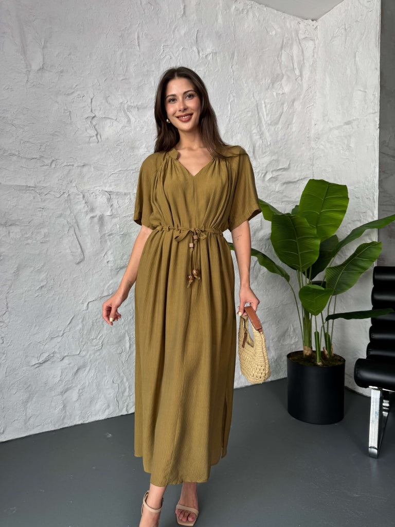 Olive Boncuk Kemerli Kısa Kollu Elbise EY-3305-OLİVE