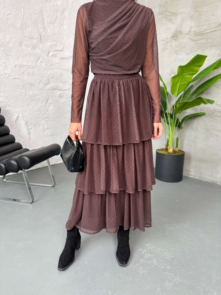 Kahverengi Puantiyeli Maxi Kat Kat Etek 103008-KAHVERENGİ