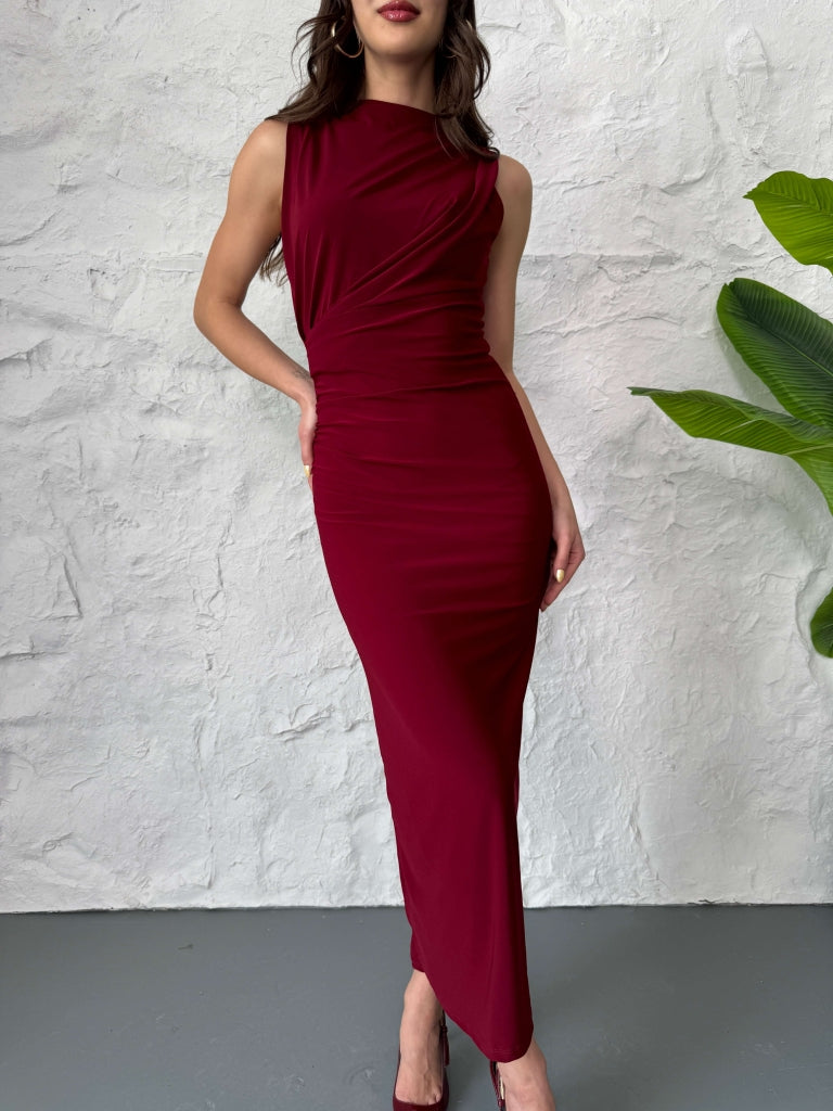 Bordo Drapeli Yırtmaçlı Sandy Elbise 13287-Bordo