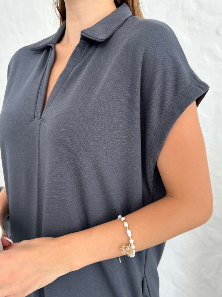 Premium Antrasit Polo Yaka Modal Elbise 0132-ANTRASİT