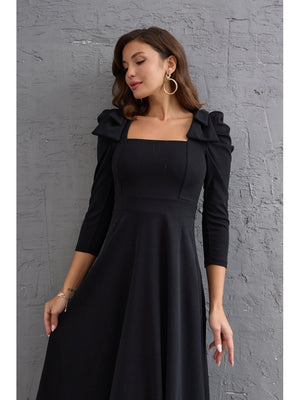 Siyah Kurdele Detaylı Kare Yaka Elbise 3567-Siyah