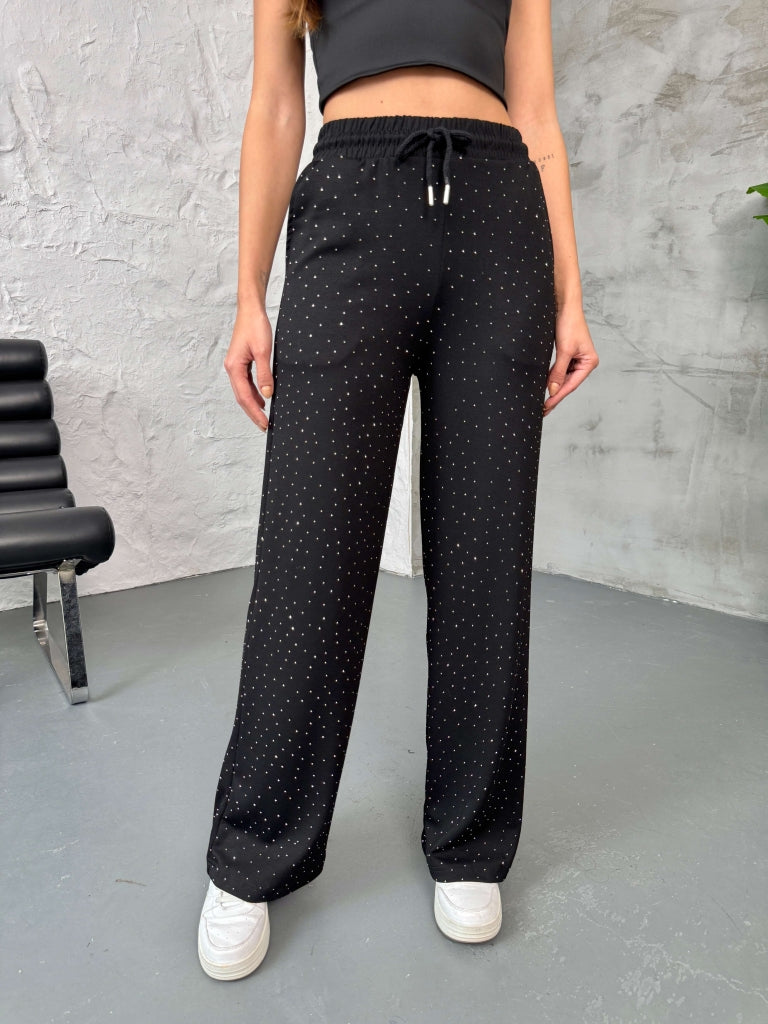 Siyah Taş Baskılı Modal Pantolon 4205-Siyah