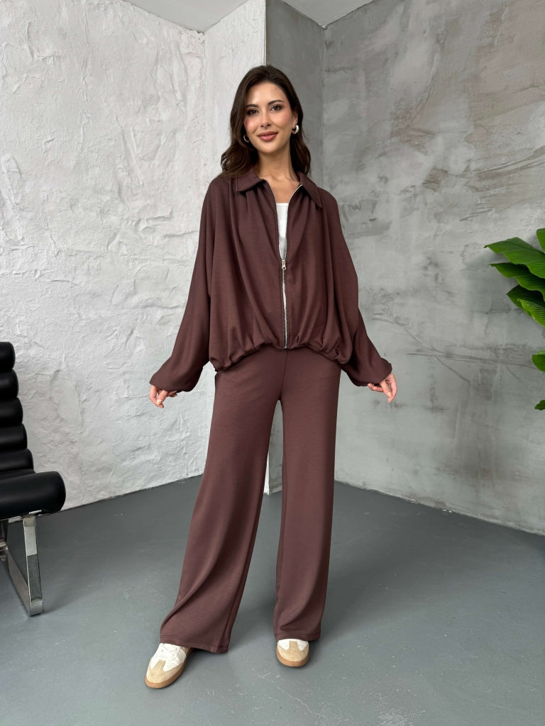 Kahverengi Bomber Fermuarlı Modal Takım 4049-Kahve