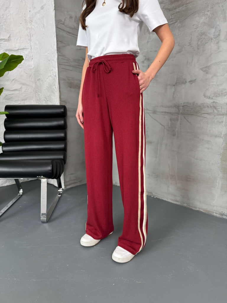 Bordo Yan Şeritli Bel Lastikli Pantolon 80147-Bordo