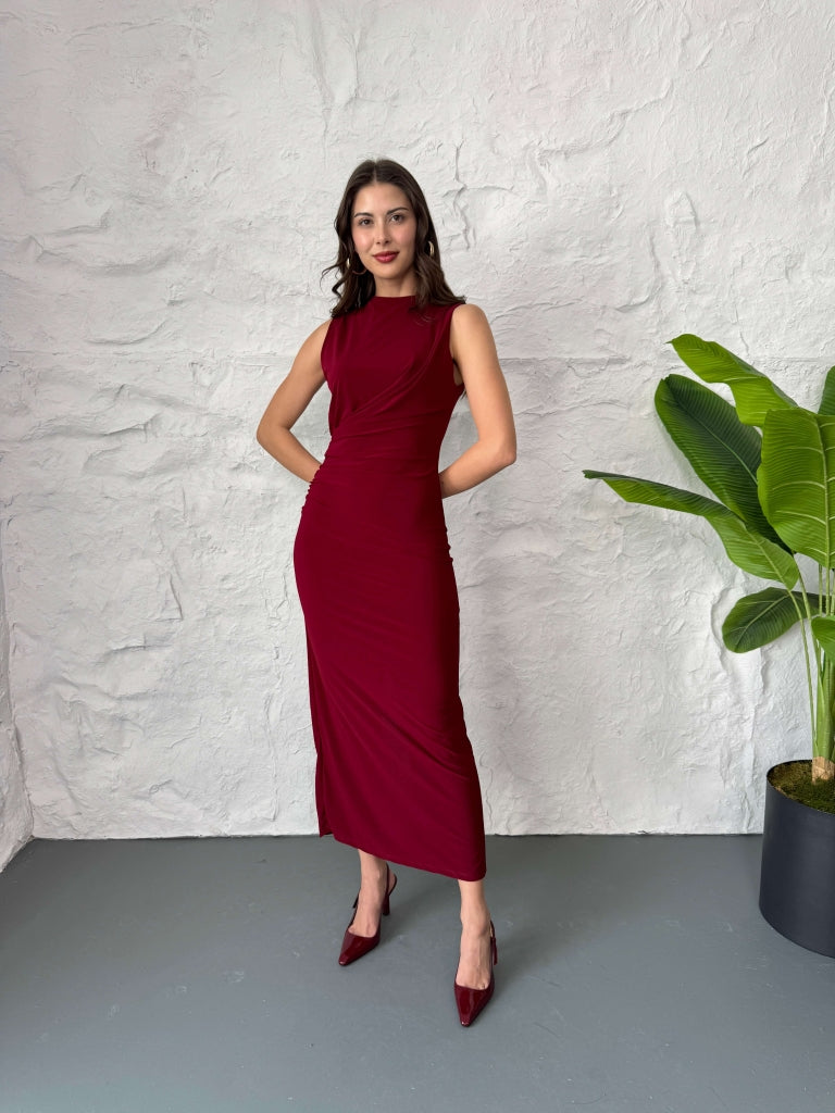 Bordo Drapeli Yırtmaçlı Sandy Elbise 13287-Bordo