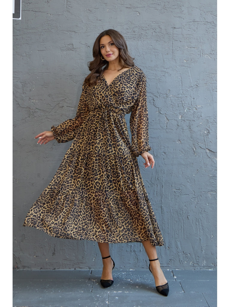 Leopar Ön Arka V Yaka Şifon Elbise 3236-LEOPAR