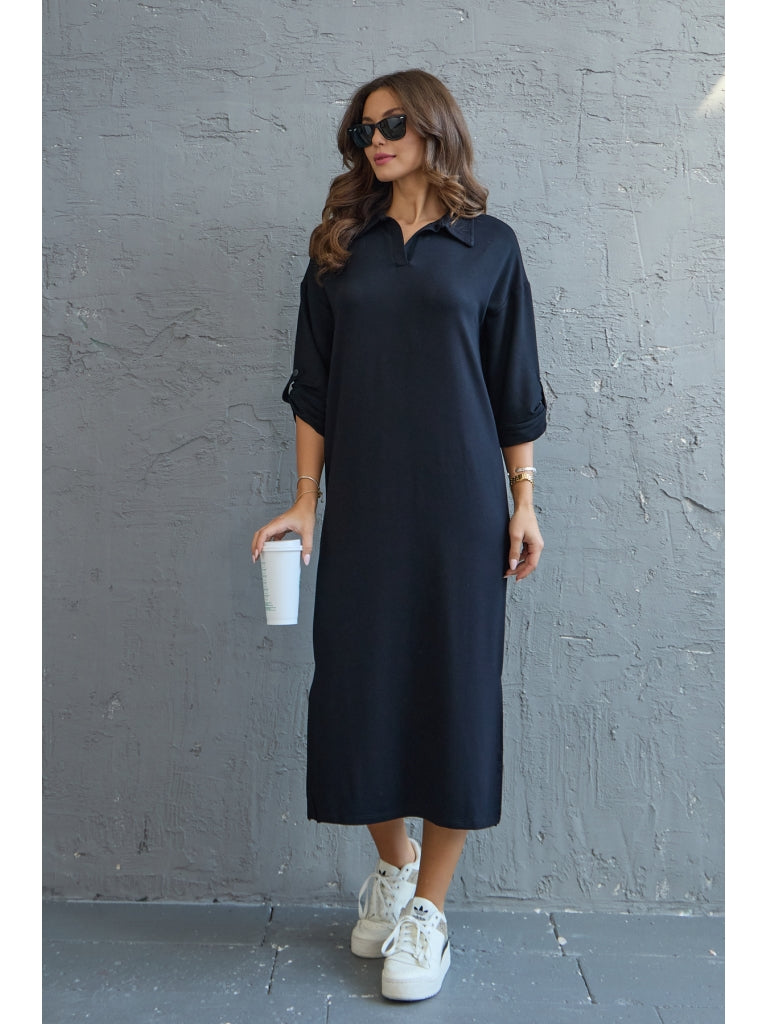 Siyah Kol Detaylı Polo Yaka Modal Elbise 0562-Siyah