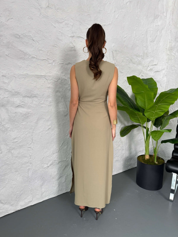 Vizon Toka Detaylı Elbise 3269-Vizon