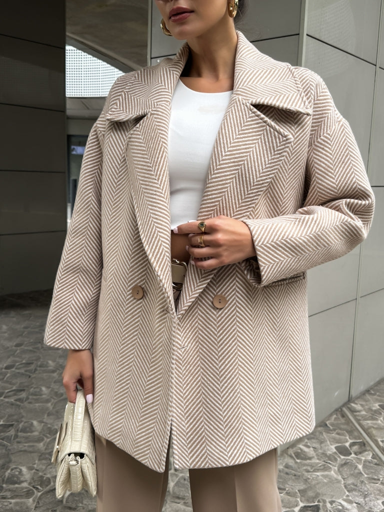 Camel Balık Sırtı Oversize Astarlı Kısa Kaban 9252-Camel