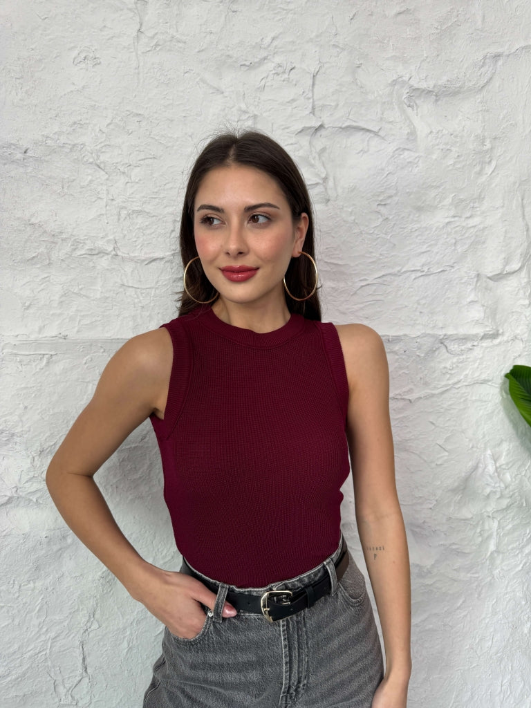 Bordo Merserize Sıfır Kol Bluz 5179-BORDO
