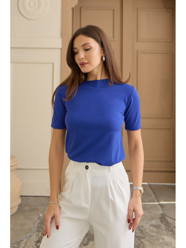 Saks Kısa Kollu Triko Bluz 2809-Saks