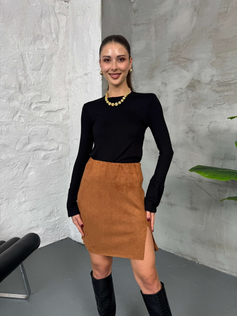 Taba Yırtmaçlı Süet Etek 29273-Taba