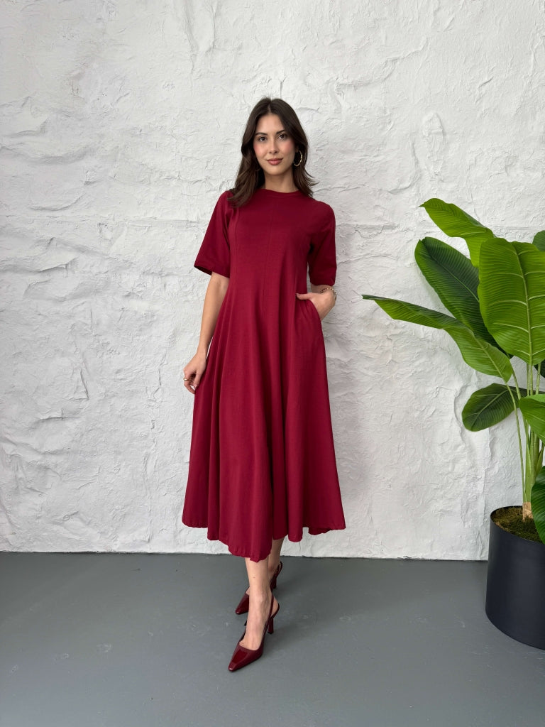 Bordo Bisiklet Yaka Uzun Elbise 8297-BORDO
