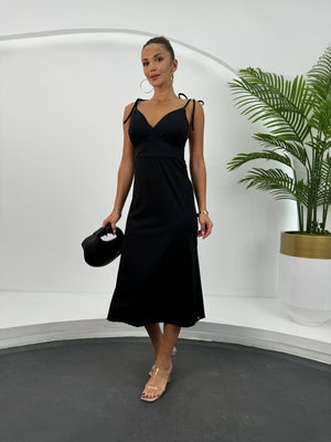 Siyah İp Askı Bağlamalı Elbise 28865-Siyah