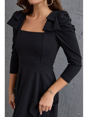 Siyah Kurdele Detaylı Kare Yaka Elbise 3567-Siyah