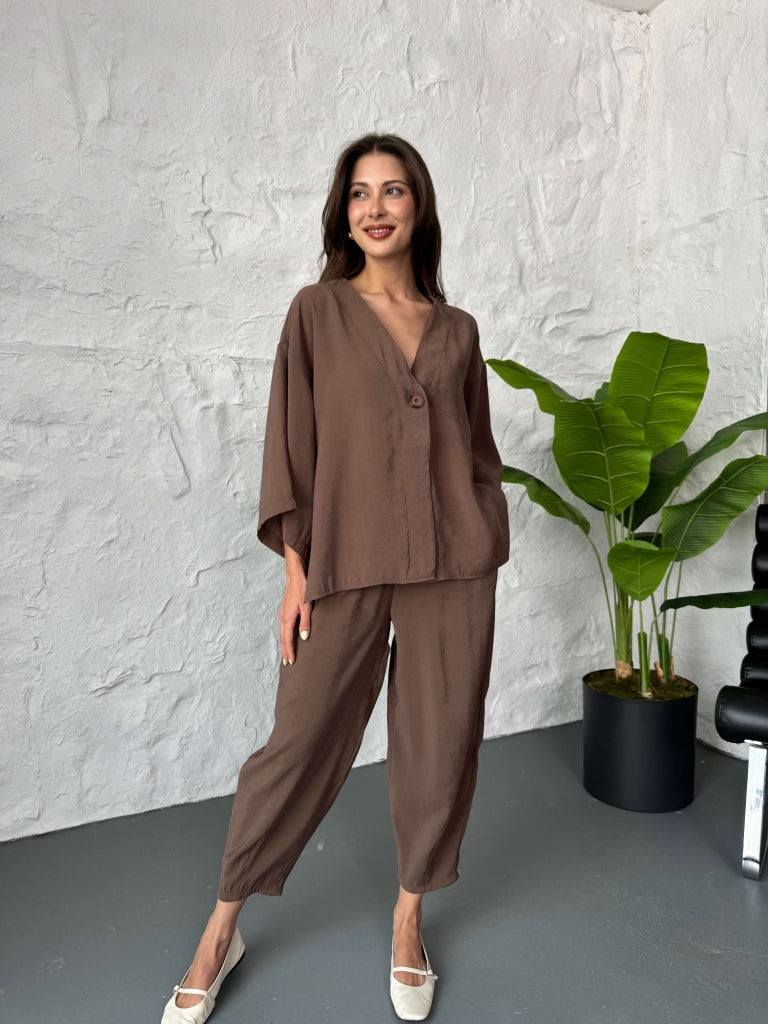 Kahve Tek Düğmeli Bluz Pantolon Takım 51189-Kahve