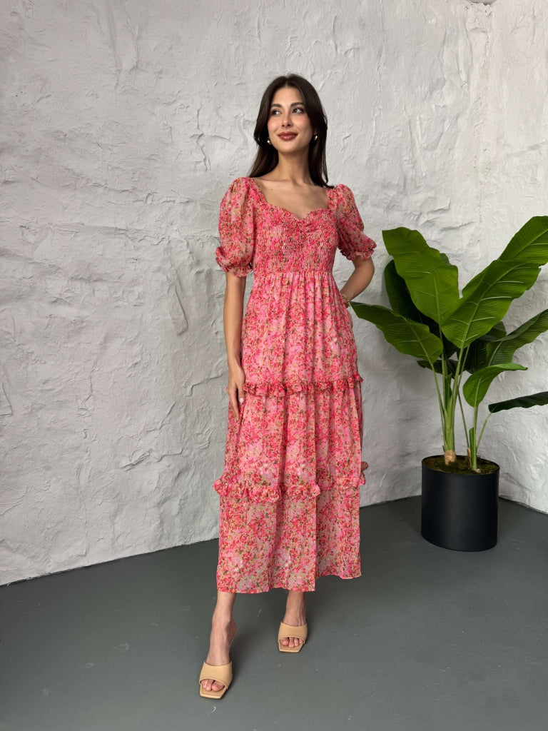 Pembe Kat Kat Gipeli Elbise 3230-PEMBE