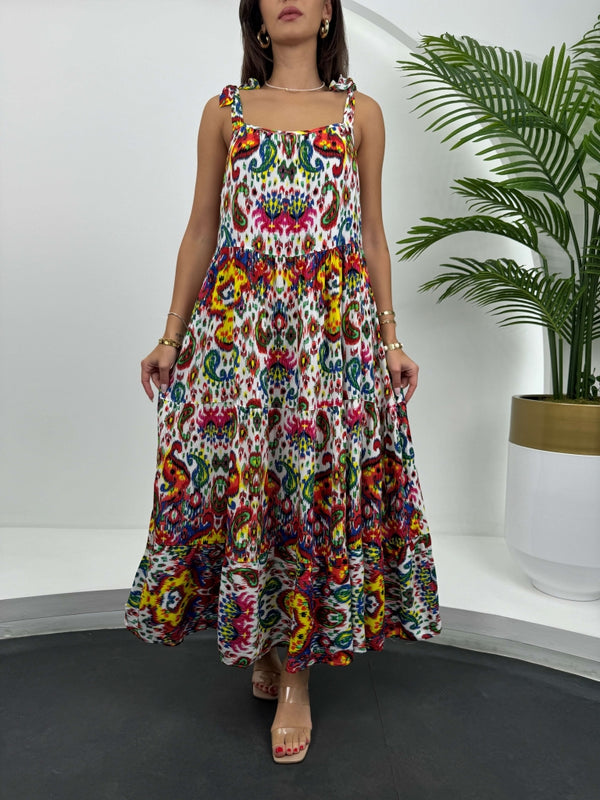 Karışık Renkli Bağlama Askılı Elbise 1397-RENKLİ