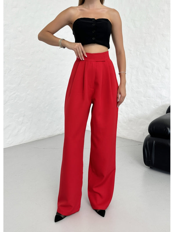 Kırmızı Beli Pileli Tasarım Pantolon EY-1121-Kırmızı