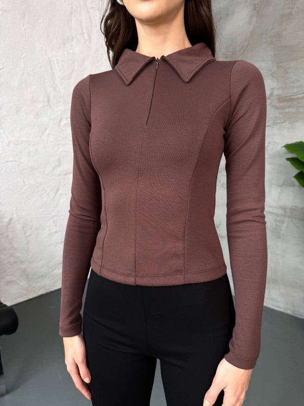 Kahverengi Yakalı Fermuarlı Body EYY1004-Kahverengi