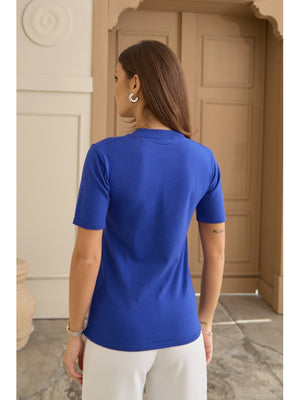 Saks Kısa Kollu Triko Bluz 2809-Saks