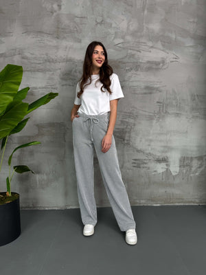 Siyah Çizgili Bel Lastikli Pantolon 80146-Siyah