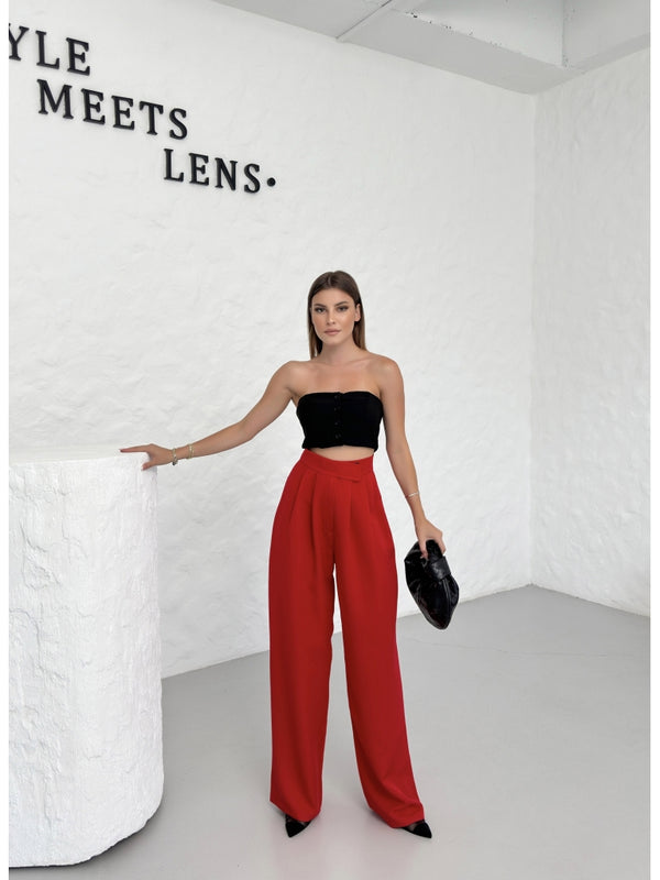 Kırmızı Beli Pileli Tasarım Pantolon EY-1121-Kırmızı