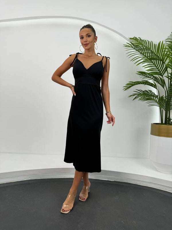 Siyah İp Askı Bağlamalı Elbise 28865-Siyah