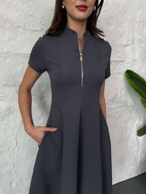 Füme Fermuar Detaylı Maxi Boy Elbise 580264-Füme