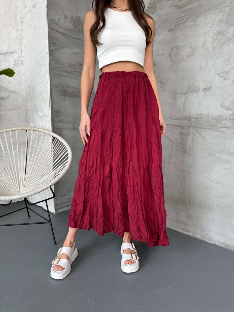 Bordo Asimetrik Kırışık Etek 580256-Bordo
