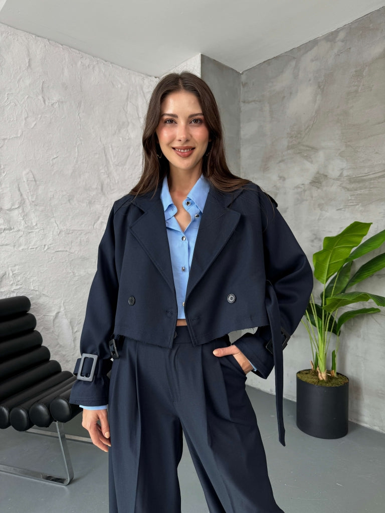 Lacivert Reglan Kısa Trenç 9406-LACİVERT