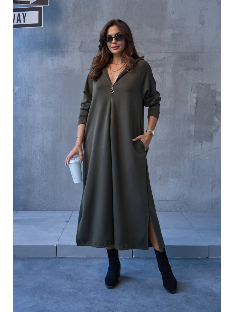 Haki Fermuarlı Modal Çan Elbise EY8137-HAKİ