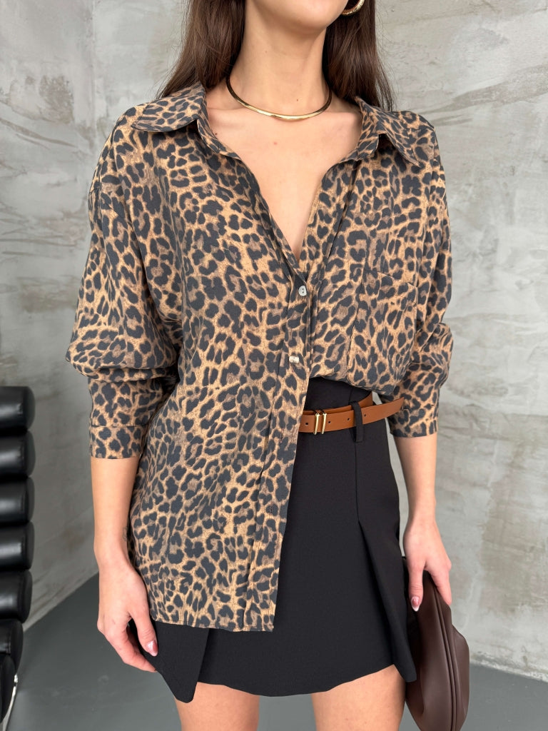 Kahve Leopar Dökümlü Gömlek EY4954-KAHVE