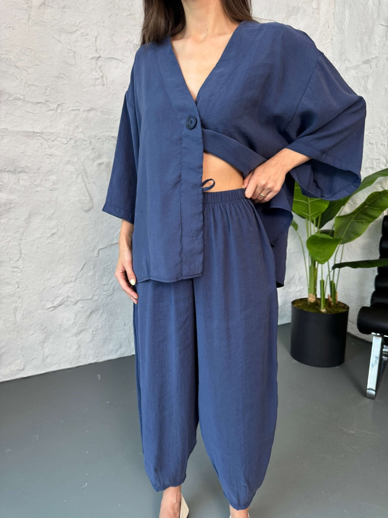 Lacivert Tek Düğmeli Bluz Pantolon Takım 51189-Lacivert
